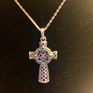 Sterling silver cross with turquoise. 18 in. chain